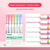 6Pcs Flower Line Shaped Highlighter Pens, Roller Tip, Curve Liner Marker, Writing, Journaling, Drawing Stationery, Kawaii