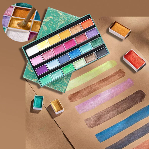 AOOKMIYA 24color Pearlescent Solid Watercolor Pigment Portable Durable for Travel Records Outdoor Sketching Painting Exercises  AOOKMIYA.COM