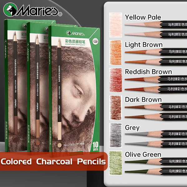 AOOKMIYA 10pcs Marie's Professional Colored Charcoal Pencils Set,Skin Tone Color for Sketching, Shading, Blending,for Adults & Artists