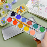 AOOKMIYA Japanese 12-color Opaque Solid Watercolor Paint Cake Pan with Built-in Brush Palette and Portable Watercolor Art Supplies