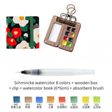AOOKMIYA Portable Travel Watercolor Set Schmincke Watercolor 8 Colors Mini Walnut Paint Box Sketchbook Student Outing Art Supplies
