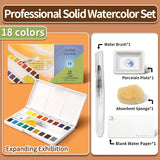 AOOKMIYA Marie's 18/24/36/48 Colors Solid Watercolor Paint Set,Includes Refillable Water Pens, Porcelain Plates, Sponge,Watercolor Paper