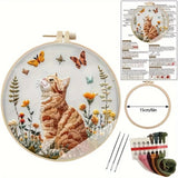 AOOKMIYA DIY Cat and Flower Embroidery Kit for Beginners - Complete handmade cross stitch kit, mixing colors, fabric materials and animal