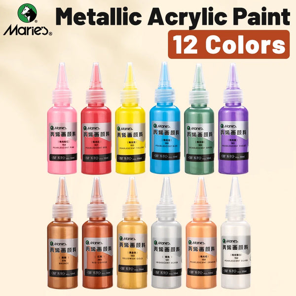 AOOKMIYA Marie's 12 Colors Metallic Acrylic Paint Set,50ml/1.69oz per Rich Shiny Pigments with Portable Bottle for DIY,Wood,Glass
