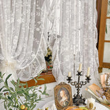 White Embroidered Lace Curtain, French Romantic Ruffled Voile Rod Pocket, Light Filtering Floral Sheer Curtains for Bedroom