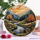 AOOKMIYA Beginners Hand Embroidery Kit - Mountain and Moon Landscape, Mixed Colors, Fabric Included - Perfect Handmade Gift
