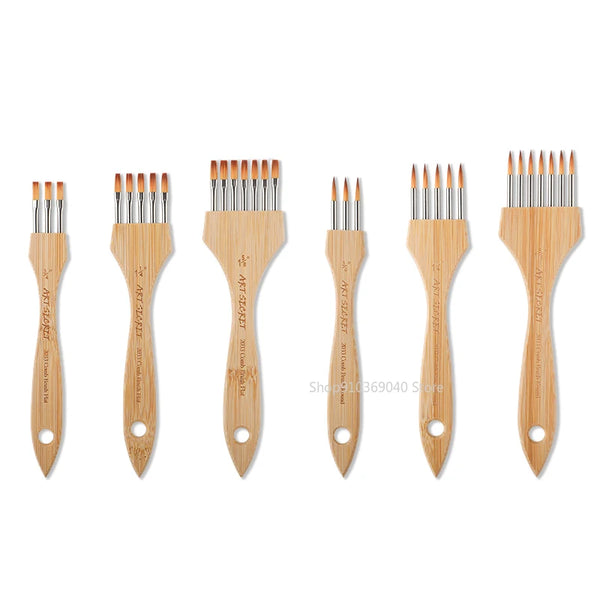 AOOKMIYA 3 PCS/Set Multi-Tooth Comb Brushes Pointed/Flat Nylon Blend Wool Beech Handle Acrylic Watercolor Paint Brushes Art Supplies