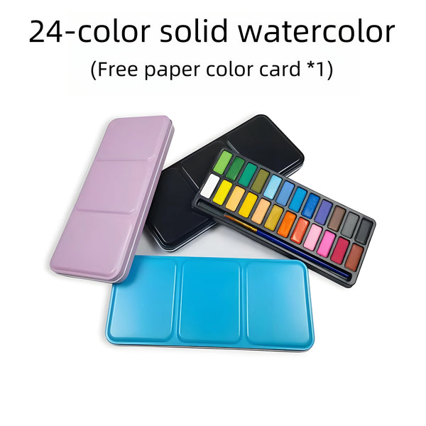24 color iron box solid watercolor paint, free pen and color card. Suitable for beginners painting, doodling.