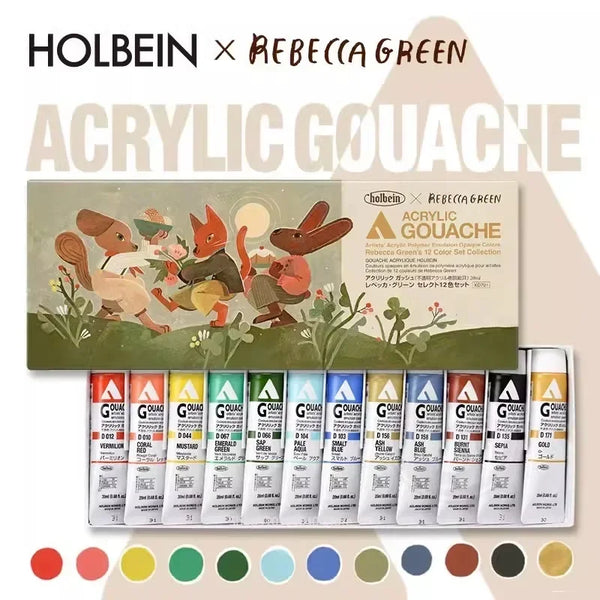 AOOKMIYA Holbein&Rebecca Green Co Branded Acrylic Gouache Set 12 Colors 20ml Opaque Suitable for All Surface Acrylic Painting Supplies