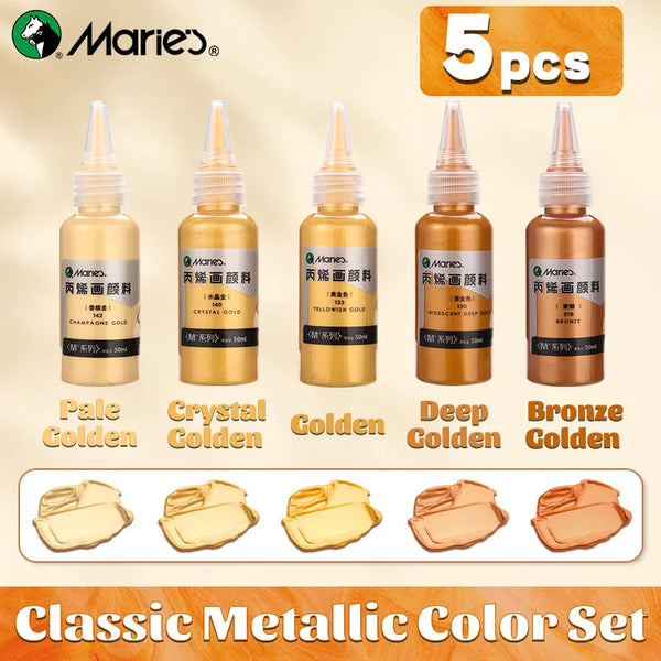 AOOKMIYA 5pcs Marie's Classic Metallic Acrylic Paint Set,50ml/1.7oz,Colorful Pigments for Craft,Wood,Rock,Glass,Porcelain,Painting,Canvas