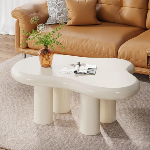 39.3" White Cloud Coffee Table, Modern Irregular Center Tea Table with 4 Legs for Living Room (White, 39.3 inch)
