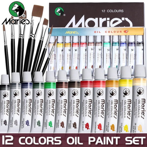 AOOKMIYA 19 pcs Marie's Oil Paint Kit,12 Colors Oil-Based Pigment & 7pcs Brushes,12ml/0.42oz Tubes,Vibrant Oil Painting Set for Crafters