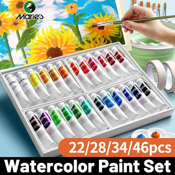 AOOKMIYA 22/28/34/46 pcs Marie's Watercolor Paint Set,12/18/24/36 Colors 12ml/0.41floz Kit - 7pcs Brushes,1 Palette,20 Sheets Paper