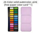 24 color iron box solid watercolor paint, free pen and color card. Suitable for beginners painting, doodling.