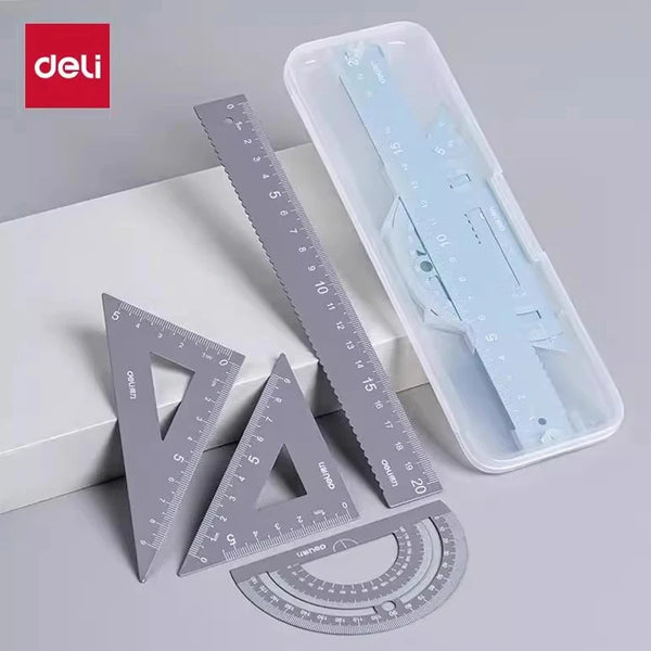 Deli 4pcs Metal Ruler for School Kids Measure Drawing Multi-Function Rulers Straight Protractor Triangular Rulers Set