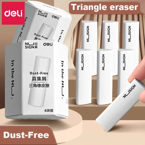 Deli Nusingn Triangle Eraser White TPE Plastic Rubber Pencil Erasers for Kids Writing Drawing Sketches Arts Eraser Soft 6/12pcs