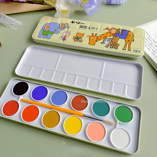 AOOKMIYA Japanese 12-color Opaque Solid Watercolor Paint Cake Pan with Built-in Brush Palette and Portable Watercolor Art Supplies