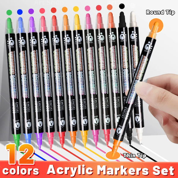 AOOKMIYA 12 Colors Dual Tip Acrylic Markers Set with Round Tip and Fine Tip for Rock Painting,Wood,Canvas,Stone,Glass,Ceramic,DIY Crafts