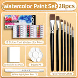 AOOKMIYA 22/28/34/46 pcs Marie's Watercolor Paint Set,12/18/24/36 Colors 12ml/0.41floz Kit - 7pcs Brushes,1 Palette,20 Sheets Paper