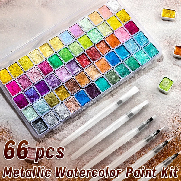 AOOKMIYA Metallic Watercolor Paint Set with 60 Colors Sparkle Pearlescent Solid Paint,6pcs Brush for Painting,Writing,Card for Artists