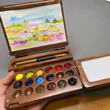 AOOKMIYA Ins Style Handmade Walnut Paint Box 18 Colors Watercolor Travel Box Round Hole Palette Ceramic Square Hole Painting Toolbox  AOOKMIYA.COM