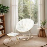 Comfortable Faux Fur Saucer Chair Round Folding Lounge Chair Living Room Flexible Seating for Adults Big Moon Shape Decorative