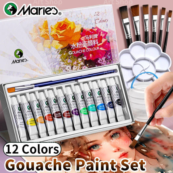 AOOKMIYA 12 Colors Marie's Gouache Paint Set with 1pc Paintbrush,5ml/Tubes for Painting,Canvas,Paper,DIY,Gift for Hobbists, Artists