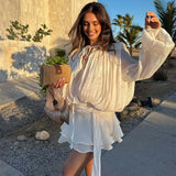 AOOKMIYA 2025 Elegant Chiffon Ruffle Skirt 2-piece Dress Women's Solid Chic V Neck Lace Up Puff Full Sleeve Sweet Style Mini Party Gowns AOOKMIYA.COM