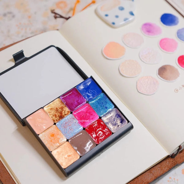 AOOKMIYA Super Vision Mica Pearlescent Layered Watercolor Pigment 12 Colors 0.5ML Portable Metal Box Artist Sketching Art Supplies