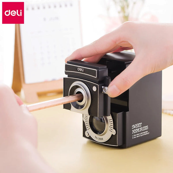 Deli Rotary Pencil Sharpener Black Pencil Cutter Gift Camera Design Kawaii Sharpener Knife Smooth Sharpening For School Supplies