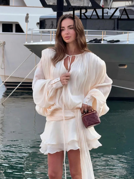 AOOKMIYA TRAFZA Women Fashion 2 Piece Set Solid Pleated Decoration Puff Sleeves O-Neck Mini Dress+Chic Rear Zipper Shorts Suit 4 Colors AOOKMIYA.COM