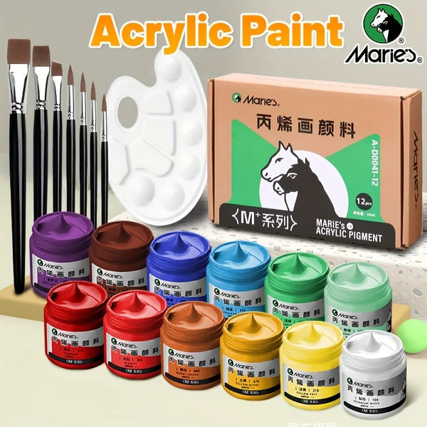 AOOKMIYA Marie's 20pcs Acrylic Paint Set,12 Colors (50ml/1.69oz) with 7 Brushes and 1 Palette for Canvas,Wood,Stone for Artists & Adults