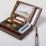 AOOKMIYA Portable 12Colors Watercolor Palette Set with Brush Walnut Magnetic Paints Box Travel Painting Sketching Paint Tray Art Supplies