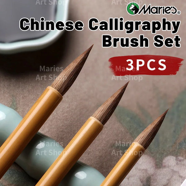 AOOKMIYA Marie's 3pcs Chinese Writing Brush Set,Wolf Hair Calligraphy & Painting Brush Ink Beushes Kit to Ink Painting,Oil,Gouache,Rocks