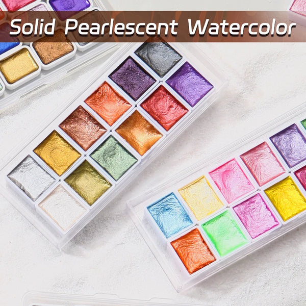 AOOKMIYA Metallic Watercolor Paints Handmade 12 Colors Gold Slivery Starry Pearl-Tinted Portable Box for Painting, Diary, Notes, Doodles