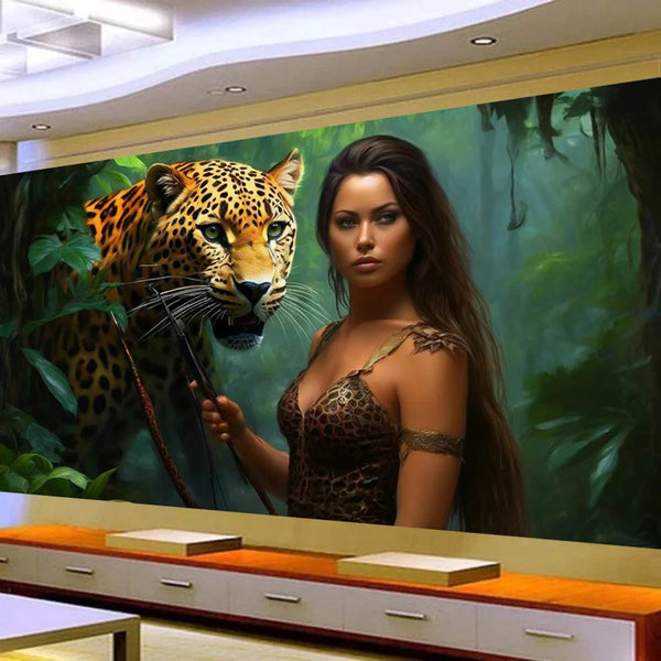AOOKMIYA ART+ Creative Gifts Fullcang Large Size Diamond Arts Painting New Arrival Woman And Leopards Diy Full Mosaic Embroidery Animals Picture Wall Decor