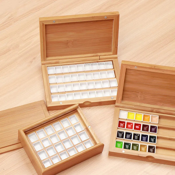 AOOKMIYA Empty Bamboo Paint Palette with Lid Portable Watercolor Paint Tray Storage Box with 24/36 Half Pans for Painting Art Supplies