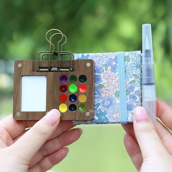 AOOKMIYA 12-color Schminke Watercolor Mini Paint Box Walnut Travel Portable Watercolor Palette Student Painting Art Supplies
