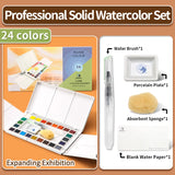 AOOKMIYA Marie's 18/24/36/48 Colors Solid Watercolor Paint Set,Includes Refillable Water Pens, Porcelain Plates, Sponge,Watercolor Paper