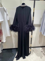 Luxury Brand 100% Silk Evening Dress Long Sleeve Patchwork Feather Black Dress Turn-down Collar Shiny Sequins Embroidery Dresses