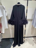 Luxury Brand 100% Silk Evening Dress Long Sleeve Patchwork Feather Black Dress Turn-down Collar Shiny Sequins Embroidery Dresses