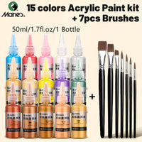 AOOKMIYA 22pcs Marie's Metallic Acrylic Paint Set,15 Colors & 7pcs Paintbrushes,Rich Iridescent Pearlescent Pigments for DIY,Rock,Glass