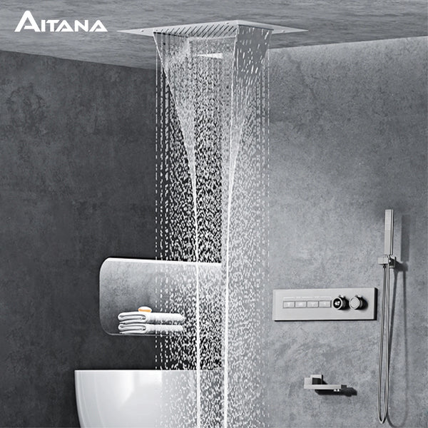 Luxury black brass shower system wall-mounted LED digital display design Cold & hot dual-control 4-function ceiling shower Tap