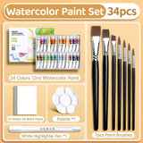 AOOKMIYA 22/28/34/46 pcs Marie's Watercolor Paint Set,12/18/24/36 Colors 12ml/0.41floz Kit - 7pcs Brushes,1 Palette,20 Sheets Paper