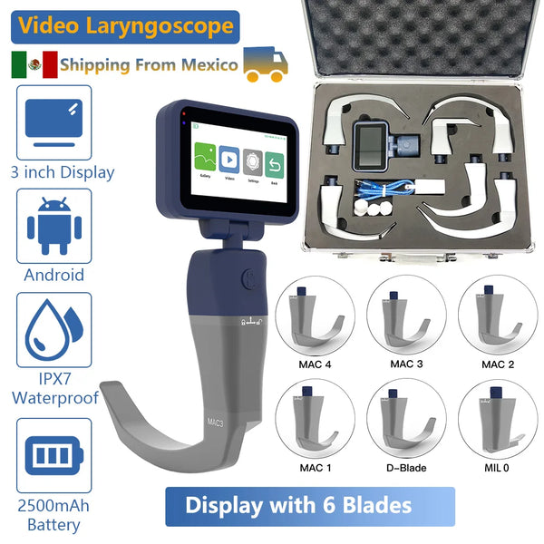 Shipping from Mexico, Reusable Video Laryngoscope for Intubation, 3.5-inch Touch Screen Display with 6 Laryngoscope Blades