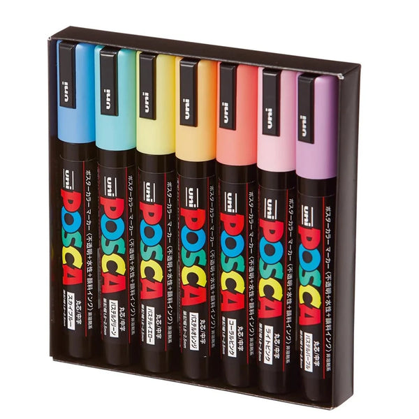 Uni 7 Pastel Posca Paint Markers Pen, Marcadores Posca médios com pontas reversíveis, Canetas de tinta acrílica, Canetas Posca, PC-5M 7C