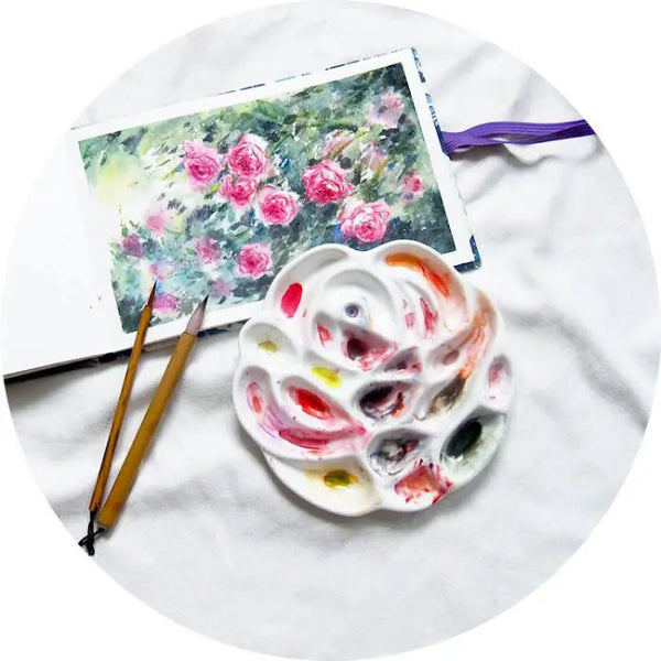 Round Flower Ceramic Palette For Watercolor, Gouache Painting, Plum, Art