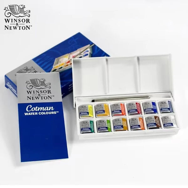 Winsor & Newton 12 Color Cotman Solid  Watercolor Paint Sketchers' Pocket Box Half Pans Palette Watercolor Brush Acuarela School