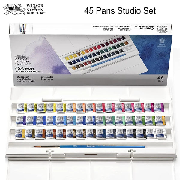 Winsor & Newton Cotman Watercolor Paint Set, Studio Set, 45 Half Pans w/  Brush