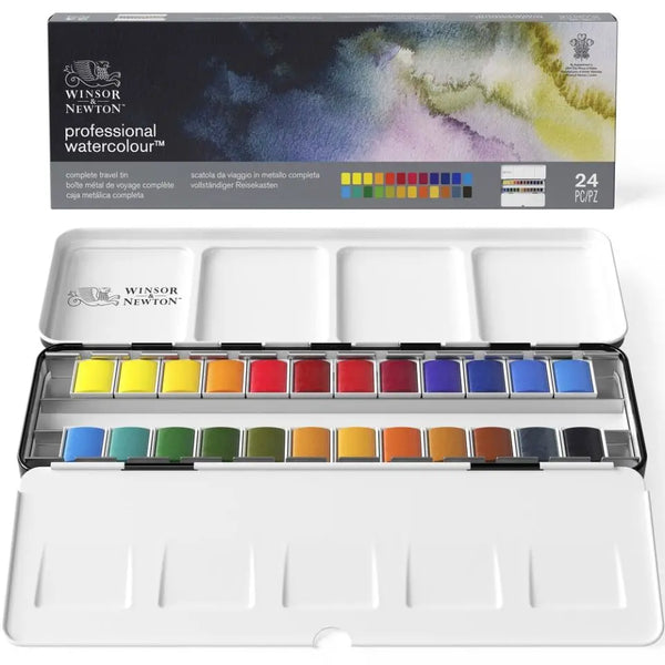 Winsor&Newton Professional Watercolour Complete Travel Tin - 24 Half Pans Portable Travel Watercolor with Unrivalled Performance